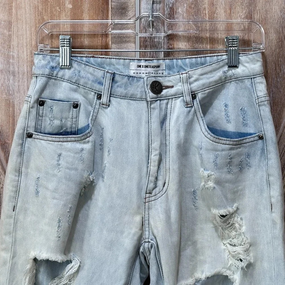 One x One Teaspoon High Waist Awesome Baggies Light Wash Destroyed Jeans - Picture 7 of 11
